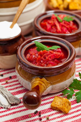 Borscht. Traditional Russian and Ukrainian national food - red beet soup. Selective focus.