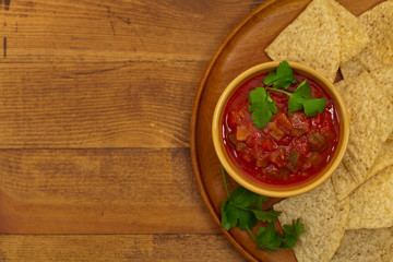 Chunky Salsa and tortilla chips. Selective focus.