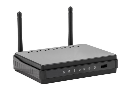 Electronic collection - black wireless internet network wi-fi router isolated on white background