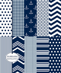 Obraz premium Navy and white pattern set for digital paper, scrapbooking, fabric, gift wrap, backgrounds and borders. Anchors, polka dots, gingham, stripes, and chevron patterns. Nautical prints.