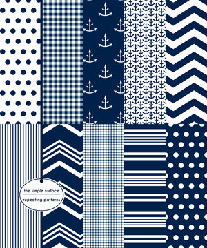 Navy and white pattern set for digital paper, scrapbooking, fabric, gift wrap, backgrounds and borders. Anchors, polka dots, gingham, stripes, and chevron patterns. Nautical prints.