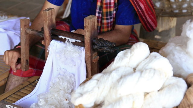 weaving brocade using a traditional loom machine with yarn