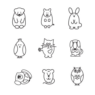 set of animal doodle contours, like bear, pig, rabbit, chicken, cat, dog, marmot, mouse, owl, line icons on white background