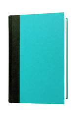 Blue turquoise or cyan hardcover book one single black spine front cover upright vertical hardback textbook isolated on white background photo
