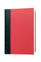 Red hardcover book one single black spine front cover upright vertical hardback textbook isolated on white background photo