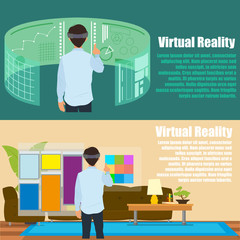 Virtual reality. New technologies and on line shopping. Mobile and computer systems. Devices. Vector flat illustration