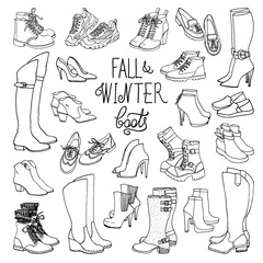 Vector illustration of feminine fall and winter shoes, boots set. Hand-drown footwear sketch. Black and white fashion collection.