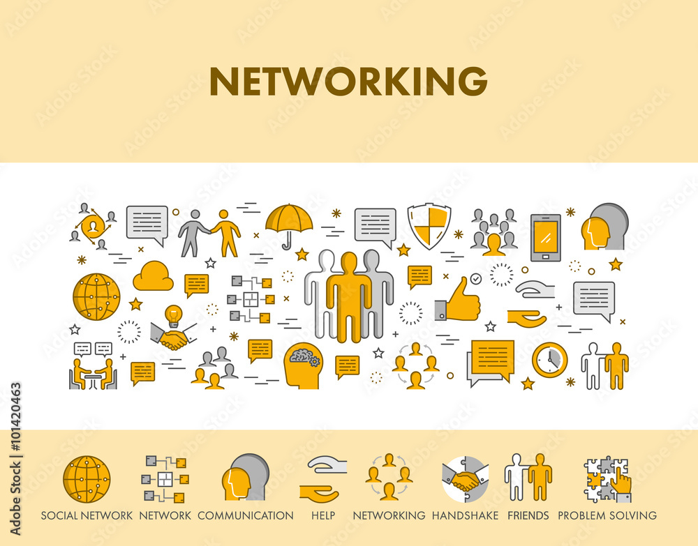 Poster line design concept web banner and icons for networking.