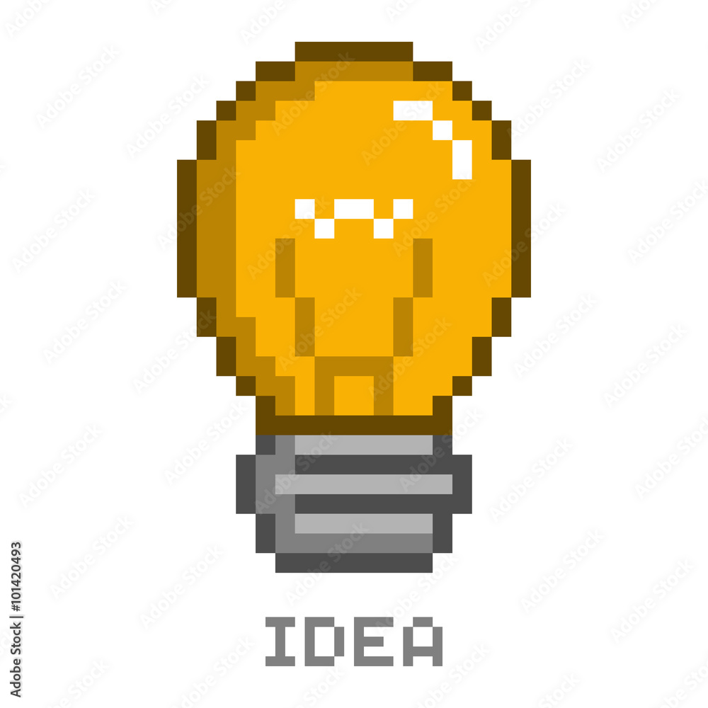 Poster vector pixel art lightbulb and idea for games.