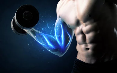 Foto op Canvas Fit athlete lifting weight with blue muscle light concept © ra2 studio