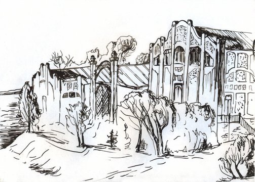Mansion on the banks of the river. Sketch with black ink