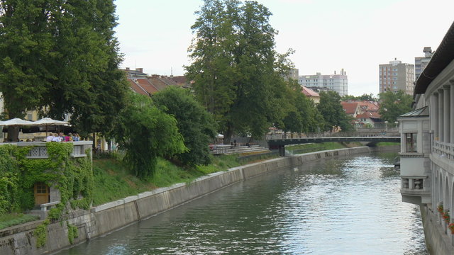 View from triple bridge to butcher's bridge in Ljubljana. The most central and popular place in slovenian capital.