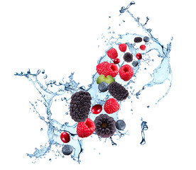 Fresh fruits, berries falling in water splash, isolated on white background