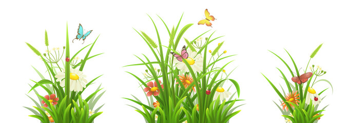Fototapeta na wymiar Spring grass, flowers and butterflies, vector illustration set
