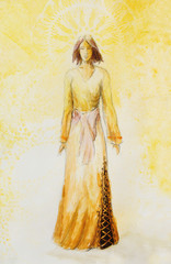 sketch of mystical woman  in beautiful ornamental dress  inspired by middle age design, with ornamental pattern on background.