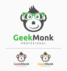 Geek Monkey Logo Template. Monkey with glasses mascot cartoon sign. Vector Illustration