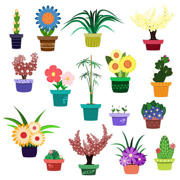 Cartoon flowers and house plants in pots.