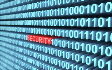 3d binary code in blue an word security in red with depth of field