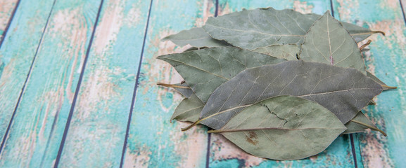 Bay leaves over wooden background