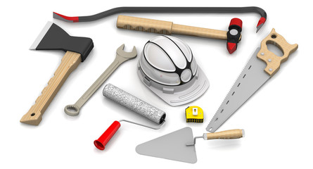 Tools lie on a white surface. The three-dimensional illustration. Isolated