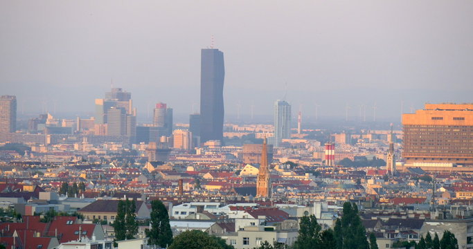 Panoramic video of the city of Vienna, Austria. Sunset time.