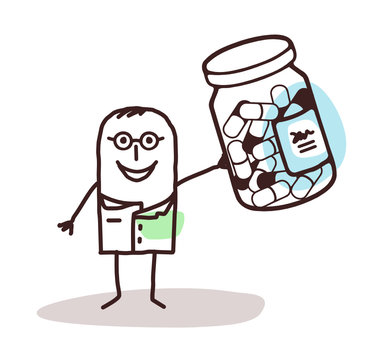 cartoon doctor with bottle of médicine capsules