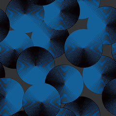 Optical illusion, seamless pattern of blue circles. Vector metallic texture background. Simple to edit, without gradient.