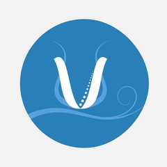 Nature alphabet letter V with creeping plant in blue circle pattern