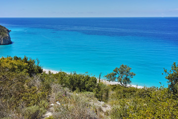 Amazing view of Blue Waters of Milos Beach, Lefkada, Ionian Islands, Greece