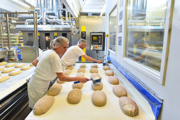 Arbeiter in einer Großbäckerei / Fliessband mit Brotlaibern am Backofen - obrazy, fototapety, plakaty