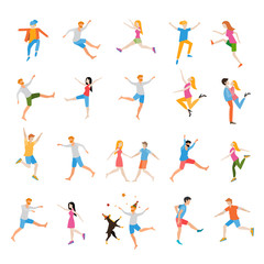 Fototapeta na wymiar Jumping high male and female people avatar set isolated vector illustration. 