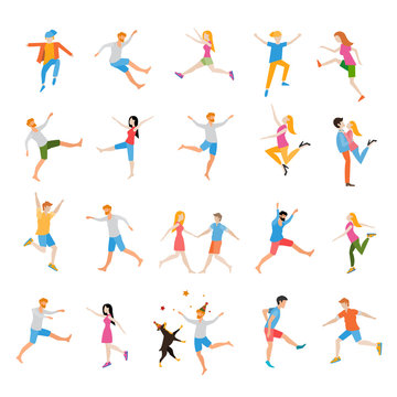 Jumping high male and female people avatar set isolated vector illustration. 