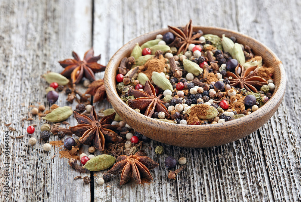 Poster spices mix on a wooden background