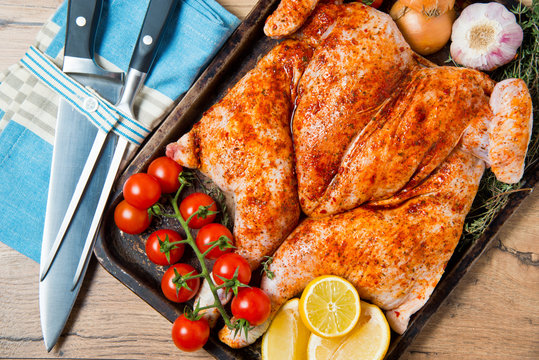 Whole fresh raw spatchcock chicken piri piri 