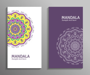 Greeting, invitation card, flyer in white, violet, yellow colors with mandala ornament. Vector ornamental mandala. Stylish geometric pattern in oriental style. Arabic, indian, pakistan, asian motif.