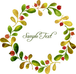 round wreath with watercolor green leaves and red berries
