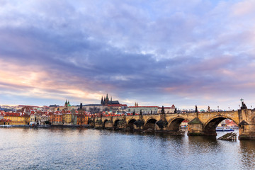 Naklejka premium View of Prague castle (Czech: Prazsky hrad) and Charles Bridge (Czech: Karluv Most), Prague, Czech Republic