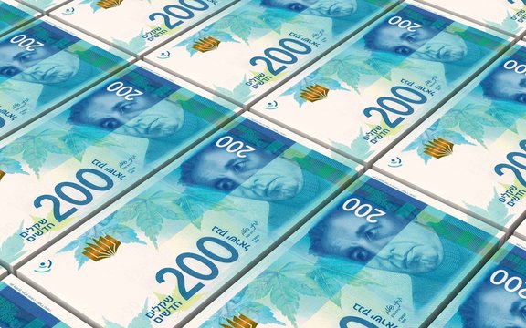 Israeli Shekel bills stacked background. Computer generated 3D photo rendering.