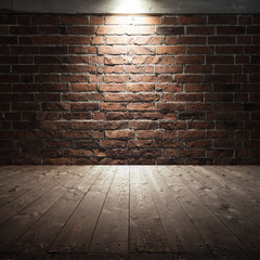 Wooden floor and red brick wall with spot light