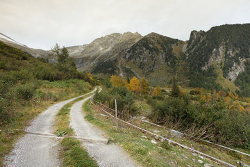 walking long a mountain road at fall