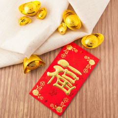 Chinese new year festival decorations on white background, red packet or ang pow with Chinese...