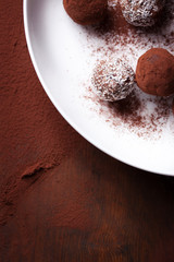 .Chocolate sweets with cocoa and coconut chips on a white plate, top view, selective focus.