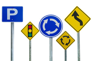Range of traffic signs isolated including bump ramp, road works, no entry, bike lane, no parking, arrow, traffic light, yield give way
