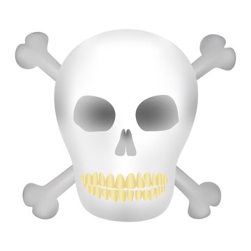 The dark human skull with holes from the eyes and nose with yellow teeth and crossbones a skull on a white background