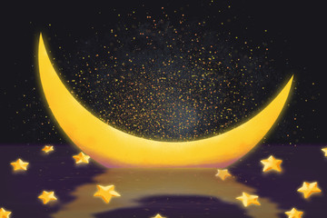Obraz na płótnie Canvas Creative Illustration and Innovative Art: The Moon and Stars Dropped on River. Realistic Fantastic Cartoon Style Artwork Scene, Wallpaper, Story Background, Card Design