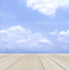 Wood Terrace with Blue Sky and Cloud used as Template for Mock up to Display Product or input Text