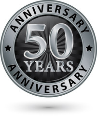 50 years anniversary silver label, vector illustration