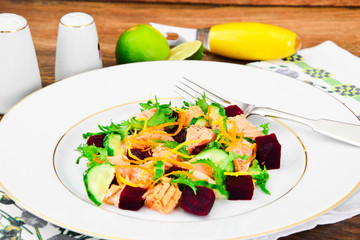 Salad with Beets, Salmon, Cucumber, Arugula, Lemon Zest, Orange,