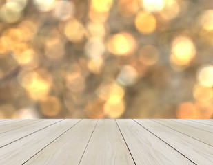 Empty Wooden Perspective Platform with Sparkling Abstract Rainbow Blur Bokeh used as Template to Mock up for Display Product