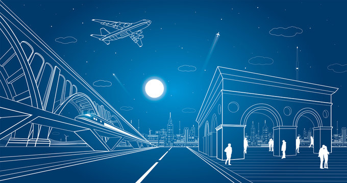 Transport and infrastructure illustration, train rides on the bridge, night city, people walk on the square, auto road and airplane fly